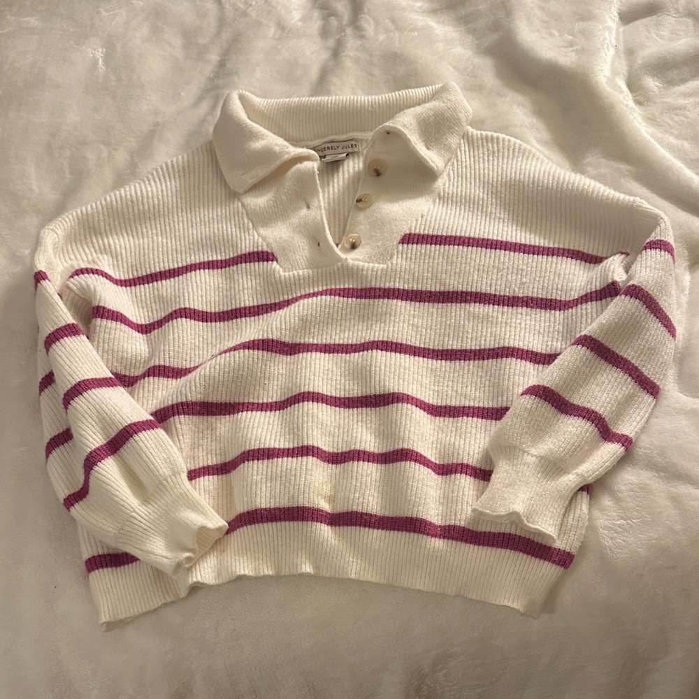 Sincerely Jules White and Pink Striped V-Neck Sweater